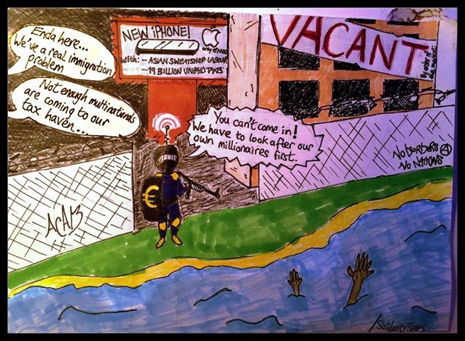 Cartoon of EU border guard pointing gun at drowning migrant